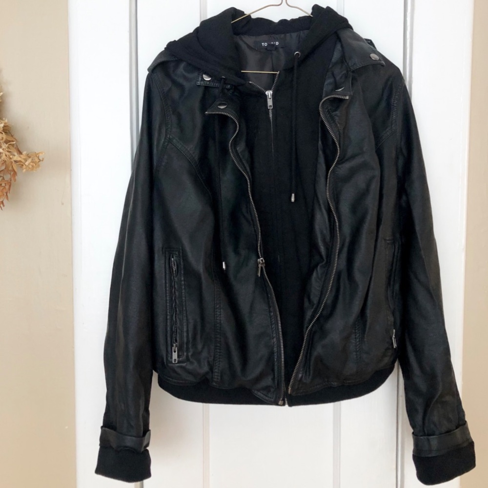Torrid black leather zip up hooded jacket